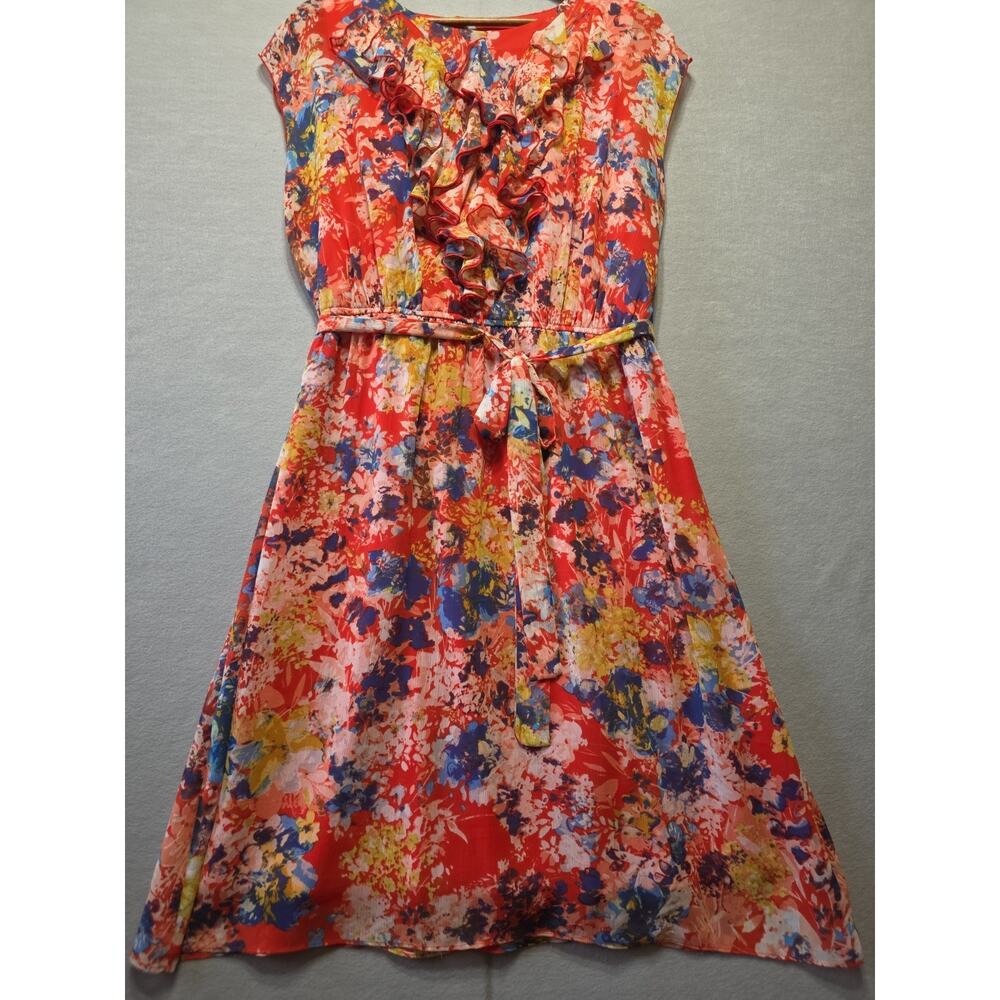 Emma & Michele 18W Floral Dress Ruffle Front Elastic Waist Belted Knee Length